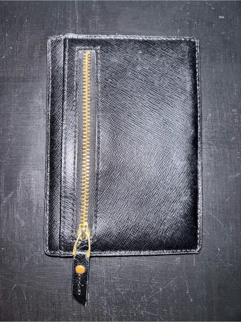 Neiman Marcus Black Leather Zip Card Wallet with Gold-Tone Trim